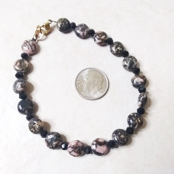 2x Rhodonite Stack Bracelet Set! Statement Bracelet Set 7.5" ~ Pink & Black! - Picture 4 of 9